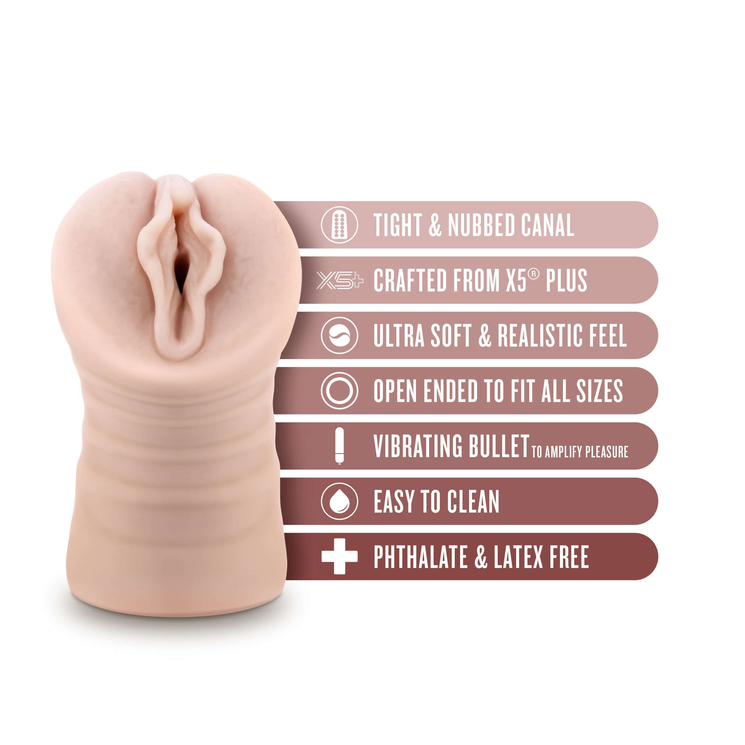 Enlust Destini Vibrating Stroker in beige with features like tight canal, ultra-soft X5 Plus material, and easy cleaning.