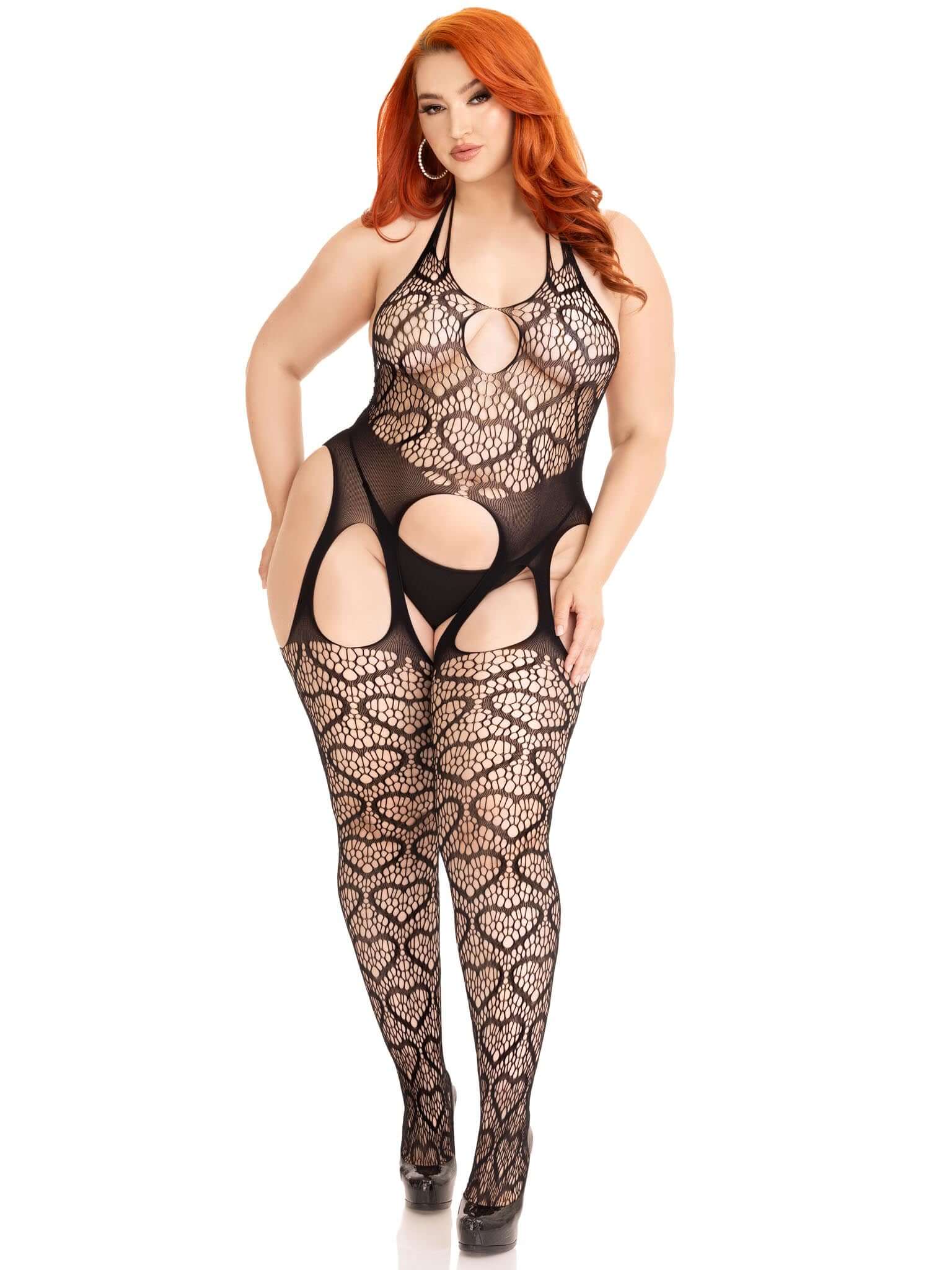 Seamless Heart Net Suspender Bodystocking - 1x/2x  - Black-1