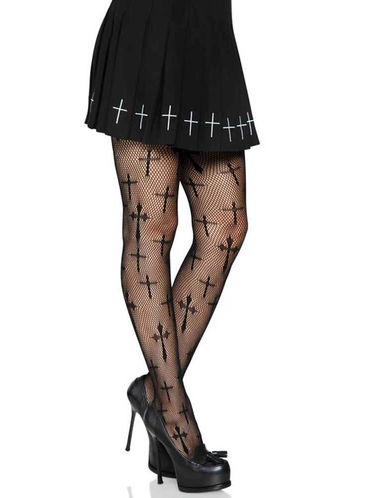 Plus size black fishnet tights with cross pattern by Leg Avenue shown on model wearing black skirt and high heels.