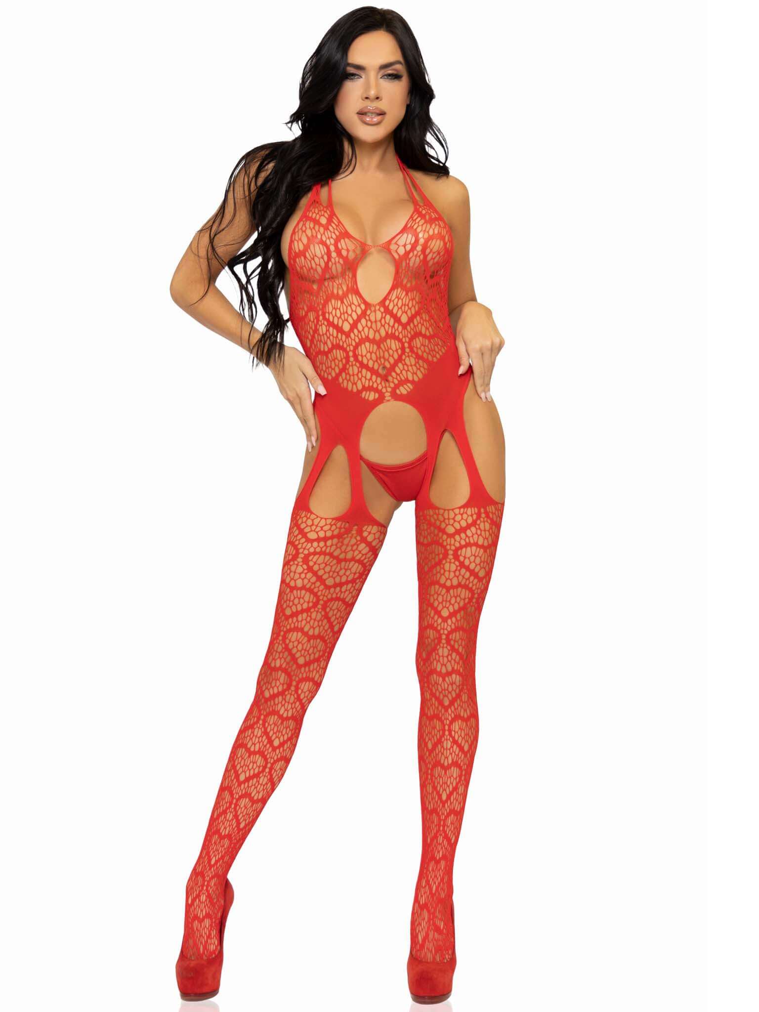 Red seamless heart net suspender bodystocking, nylon and spandex, one size fits most, for a bold and seductive look.