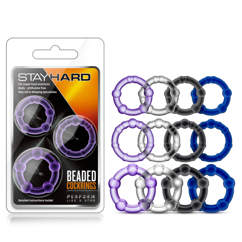 Stay Hard Beaded Cock Rings - Blue - Set of 3 - Enhance Erection and Stamina