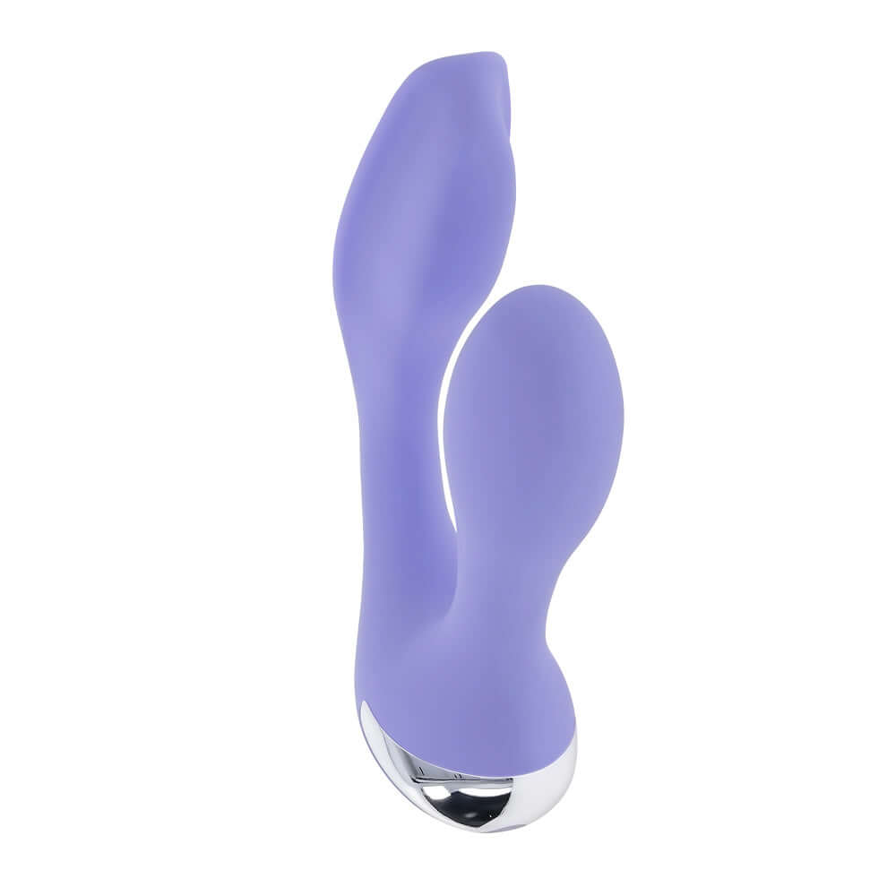Lilac rabbit vibrator with dual shaft design for internal and external stimulation featuring 10 vibrating speeds and ergonomic remote control.