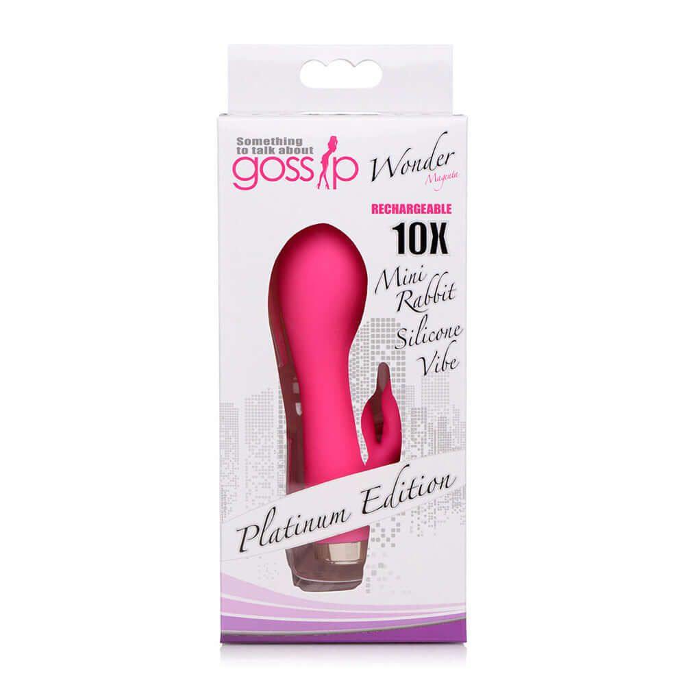 Pink Wonder Mini Rabbit Silicone Vibrator in packaging, featuring 10 functions and clitoral stimulator for powerful blended orgasms.