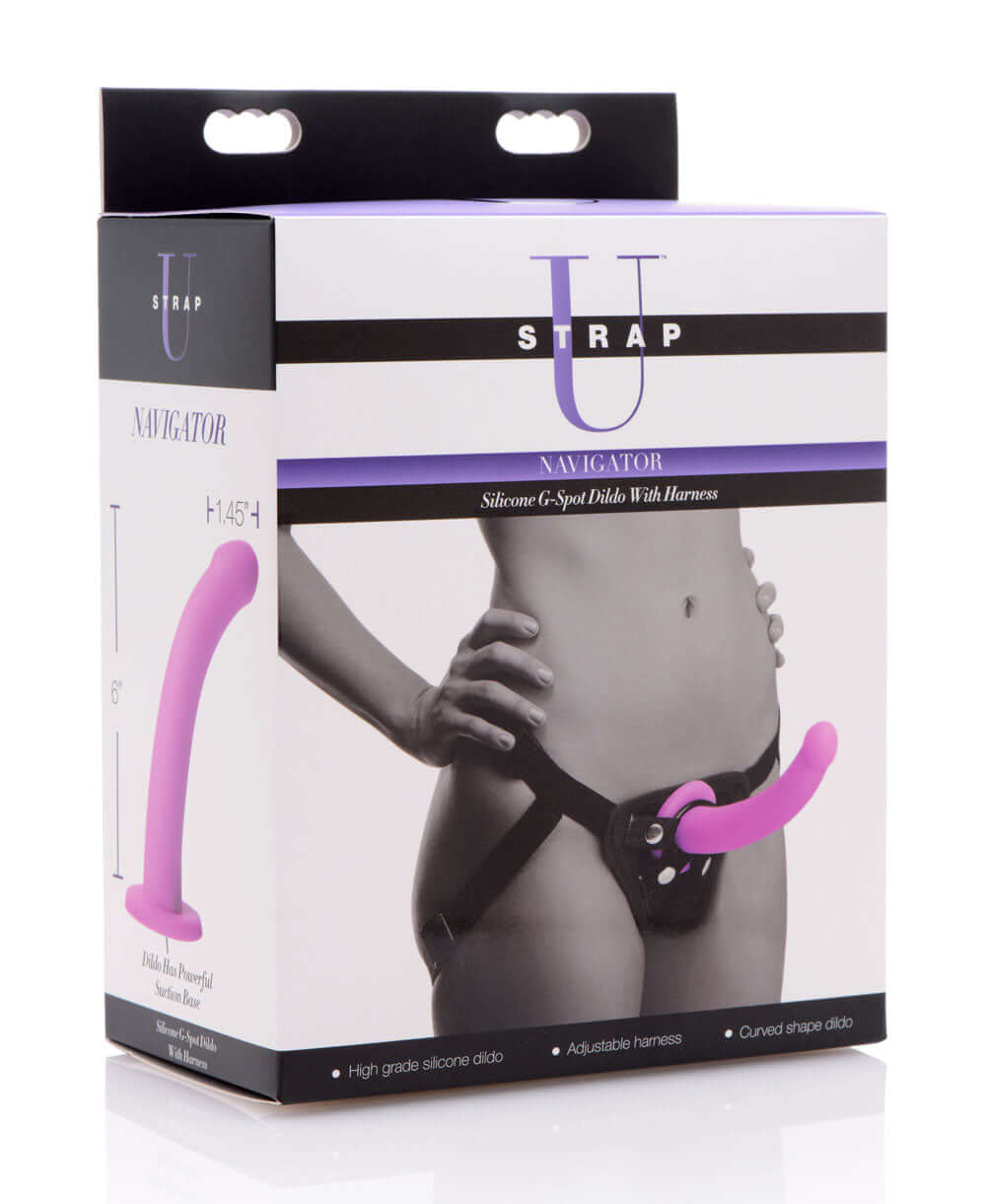 Navigator Silicone G-Spot Dildo With Harness packaging, featuring a pink dildo and adjustable black harness for comfortable and passionate penetration.