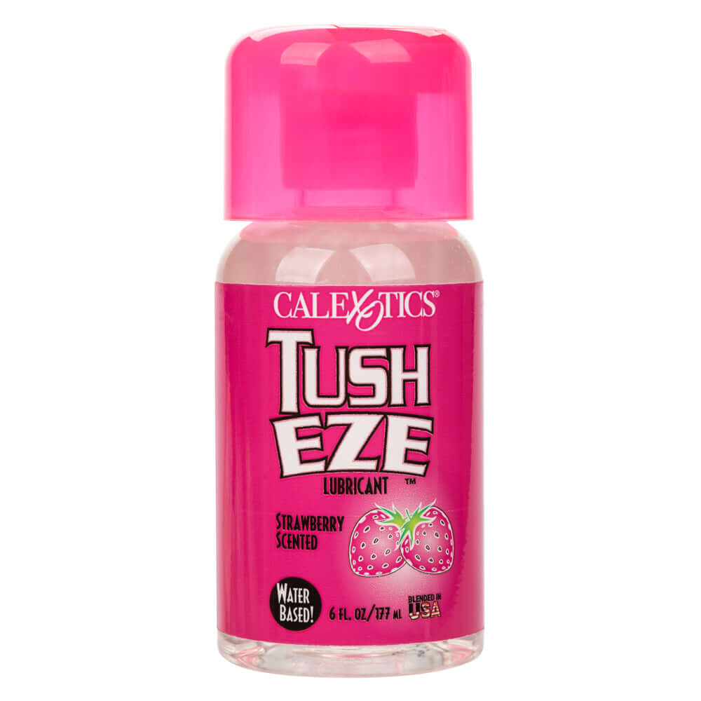 Tush Eze Lubricant, Strawberry Scented, 6 Fl. Oz., water-based formula, enhances intimate moments with a sweet, fresh strawberry aroma.