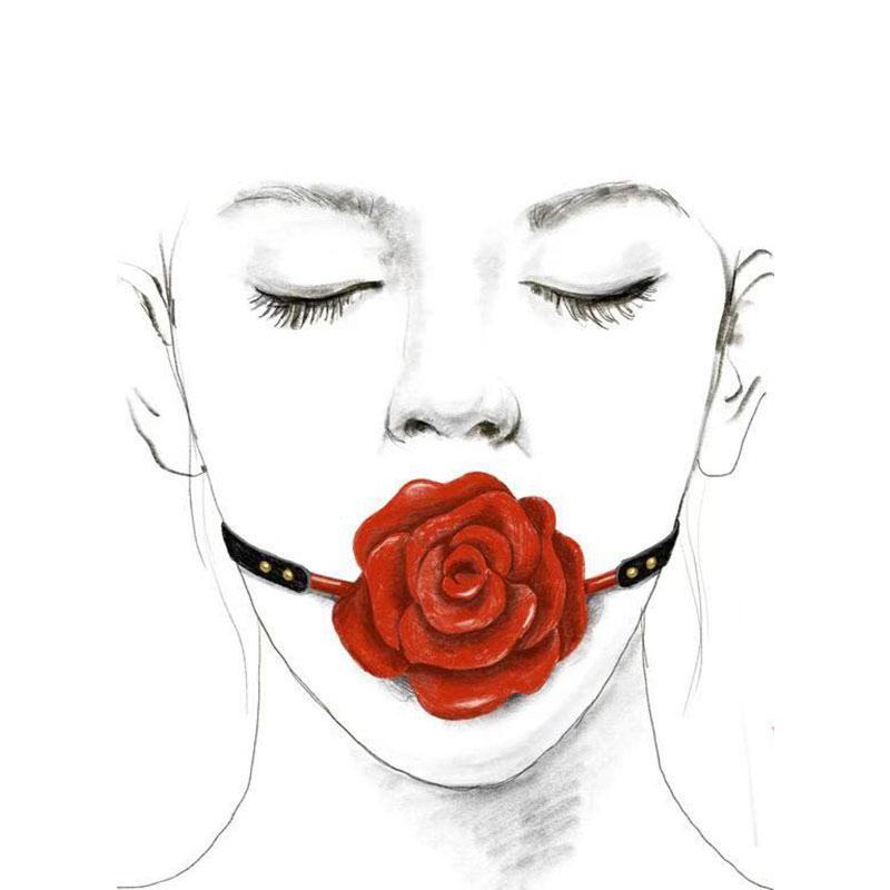 Woman wearing ZALO & UPKO Doll Designer Collection Rose Ball Gag with elegant rose-shaped design and luxury Italian leather strap.