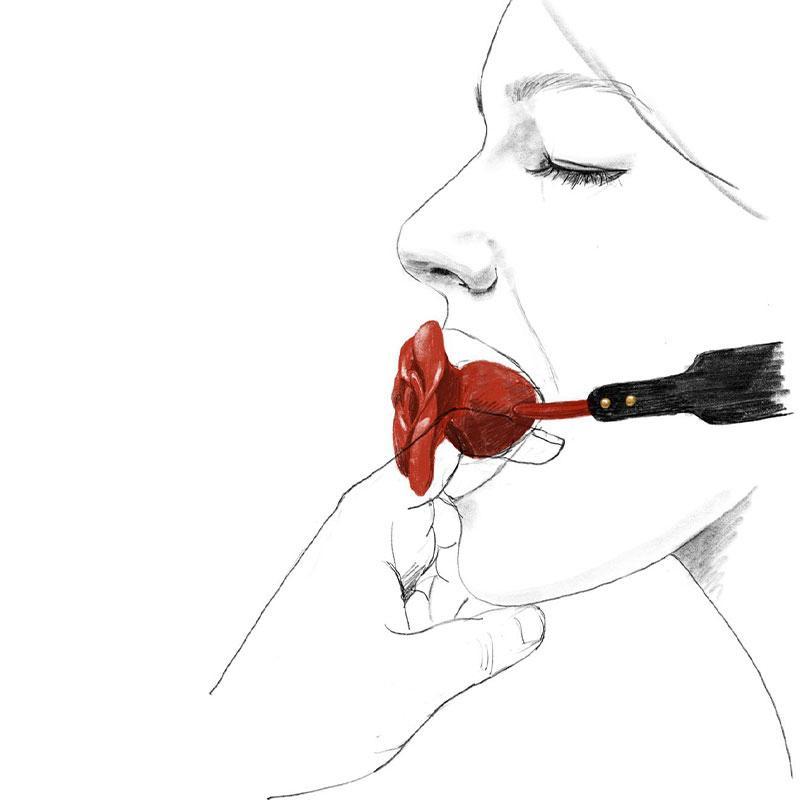 Illustration of a woman with a ZALO & UPKO Doll Designer Collection Rose Ball Gag, showing its unique rose-shaped design.