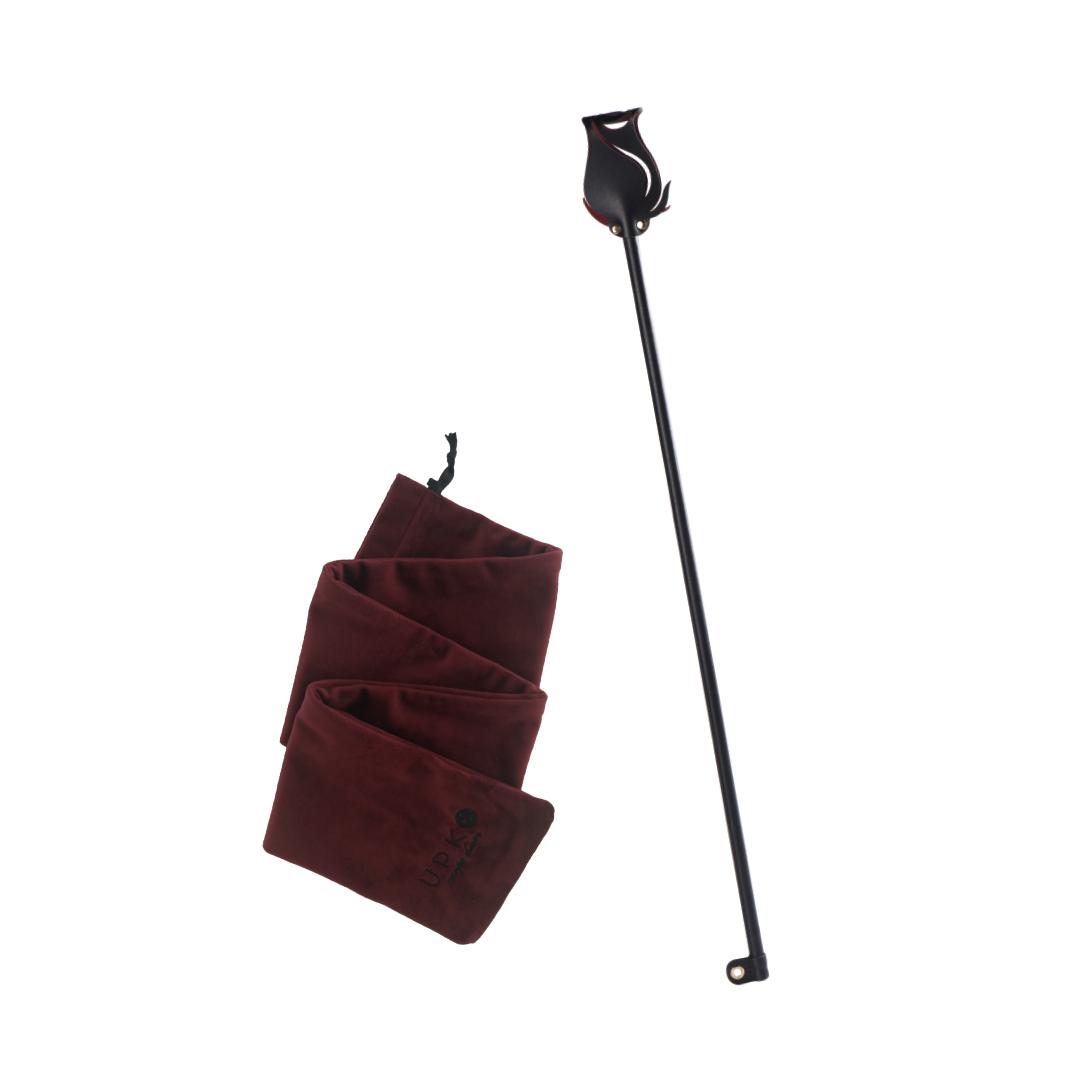 ZALO Doll Designer Collection Rose Riding Crop with elegant leather and metal design, luxury BDSM accessory with accompanying velvety storage pouch
