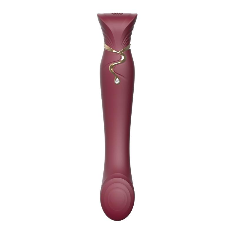 ZALO Queen G-spot PulseWave 17-function App-controlled Rechargeable Silicone Vibrator in Wine Red with Gold Detailing and Swarovski Embellishment.