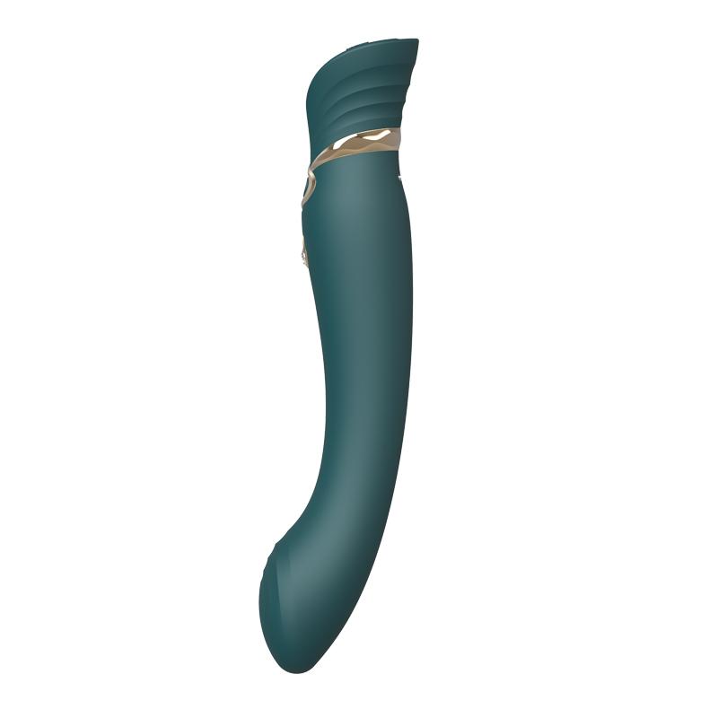 ZALO Queen G-spot PulseWave app-controlled rechargeable silicone vibrator in jewel green with gold detailing and Swarovski embellishment.