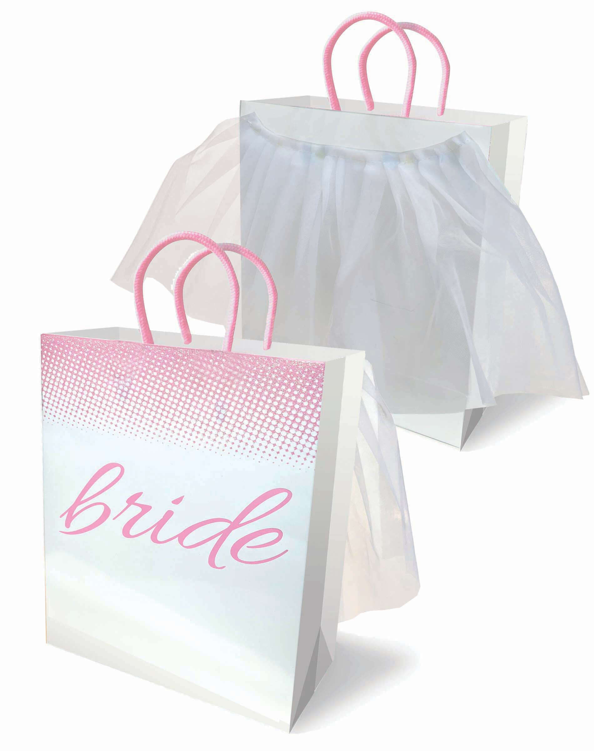 Bride gift bag with delicate veil and pink handles, crafted from premium card stock paper for a luxurious and enchanting gifting experience