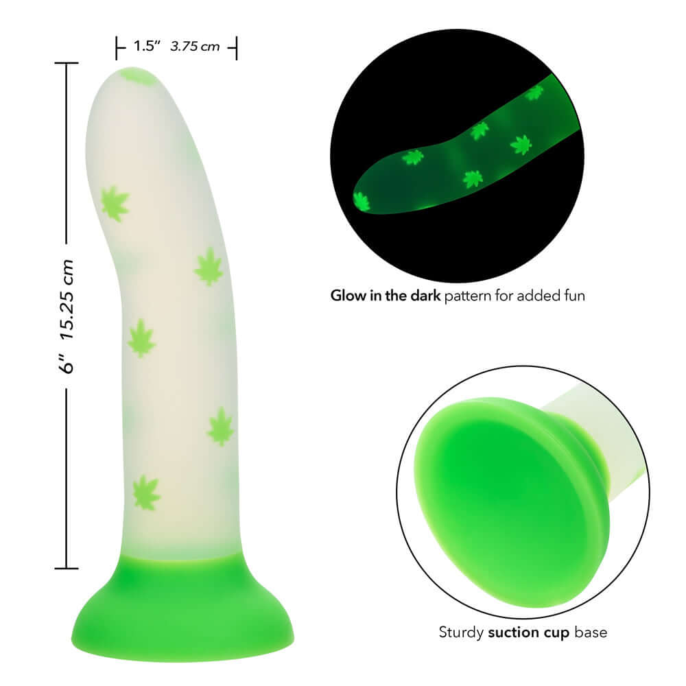 Glow Stick Leaf Dildo - Green with glow-in-the-dark leaf pattern and suction cup base, made from soft Satin Finish Silicone, dimensions shown