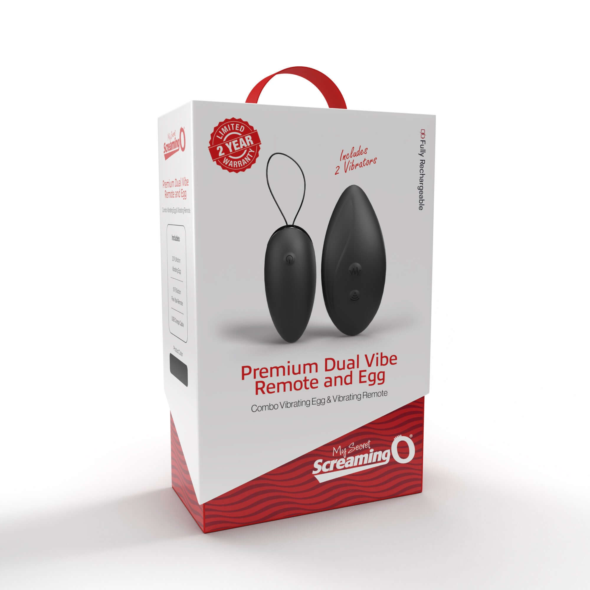 Premium Dual Vibe Remote and Egg in black packaging with two vibrators, USB rechargeable, body-safe silicone, and waterproof feature.
