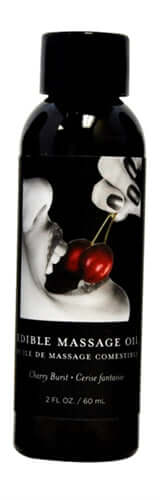 Cherry edible massage oil 2 oz by Earthly Body, featuring sleek packaging with seductive design for sensual experiences.