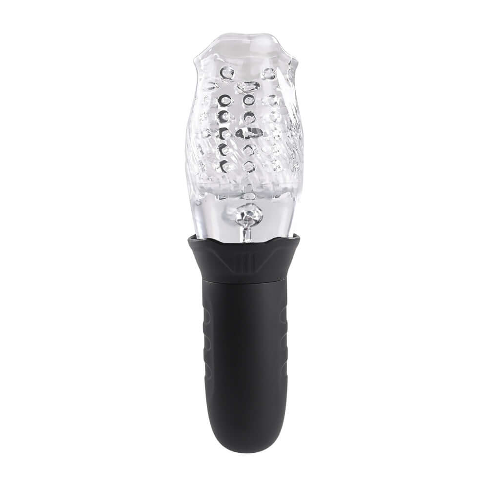 Cyclone Rotating Stroker - clear and black vibrating stroker with realistic mouth entry and customizable motor settings.