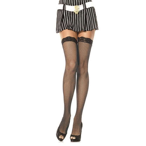 Lace Top Fishnet Stockings - One Size - Black-0
