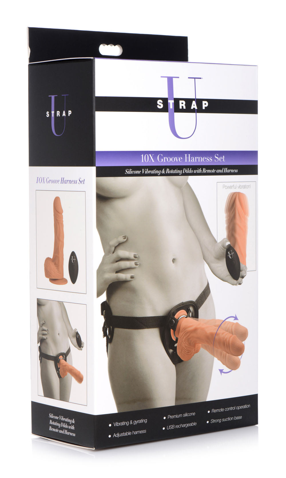 10x Groove Harness With Vibrating &amp; Rotating Dildo - Flesh