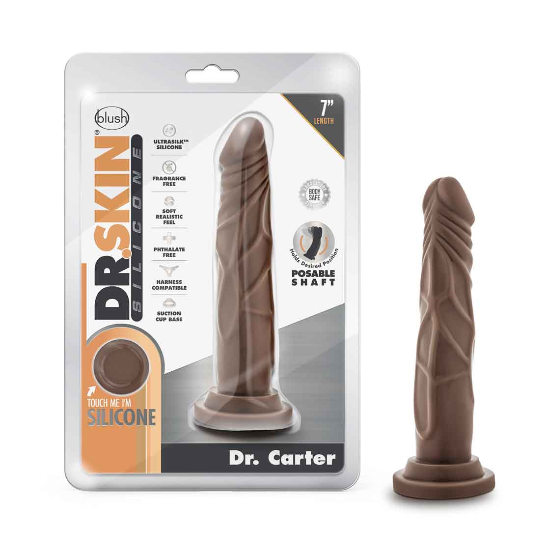 Dr. Skin Silicone 7 Inch Dong with Suction Cup and Posable Shaft in Chocolate Color