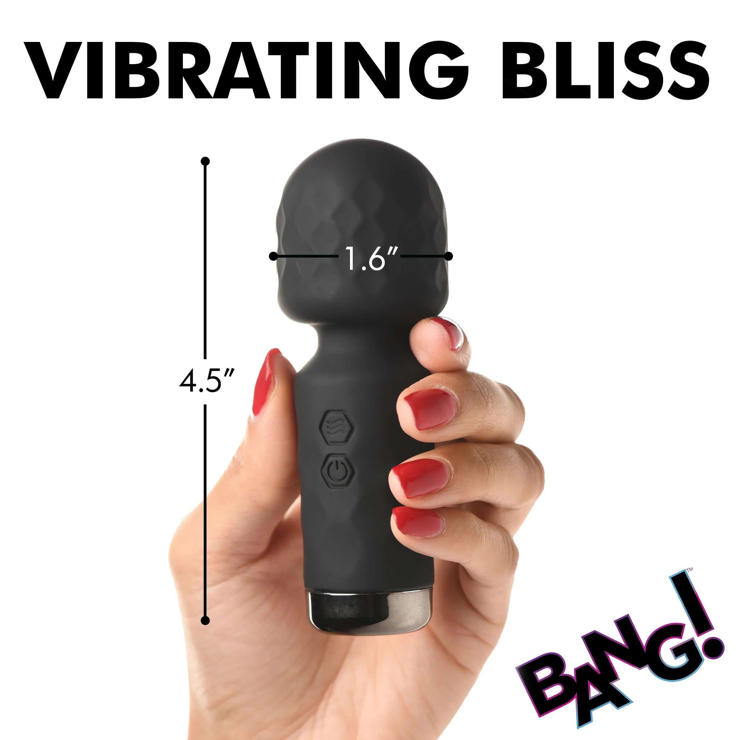 Person holding 10x Mini Black Silicone Wand with dimensions 4.5 inches by 1.6 inches, featuring text "Vibrating Bliss" and "Bang" logo.