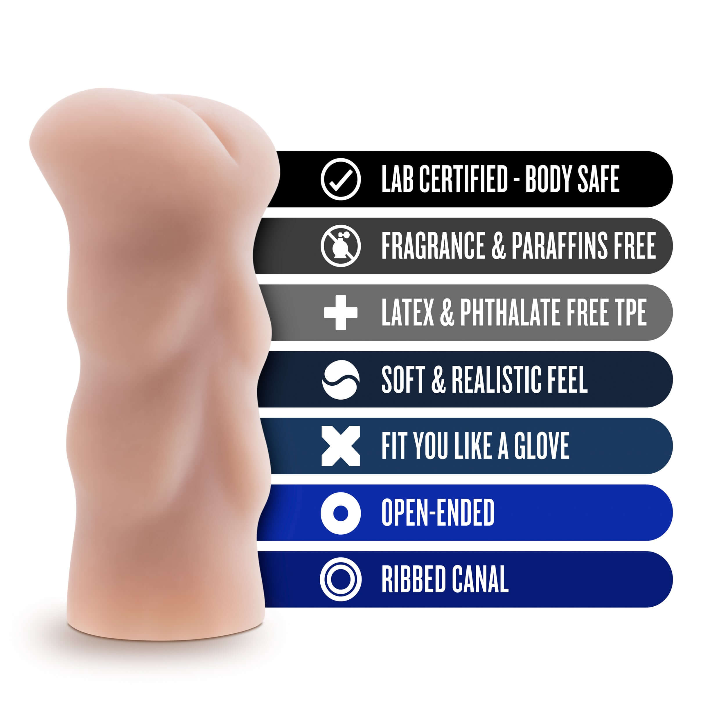 X5 Men Ass Stroker with features list including body-safe, fragrance-free, realistic feel, open-ended, and ribbed canal design.