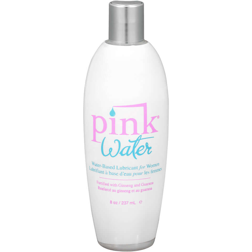Pink Water Based Lubricant for Women 8 Oz Flip Top Bottle in a sleek white bottle with pink and blue accents.