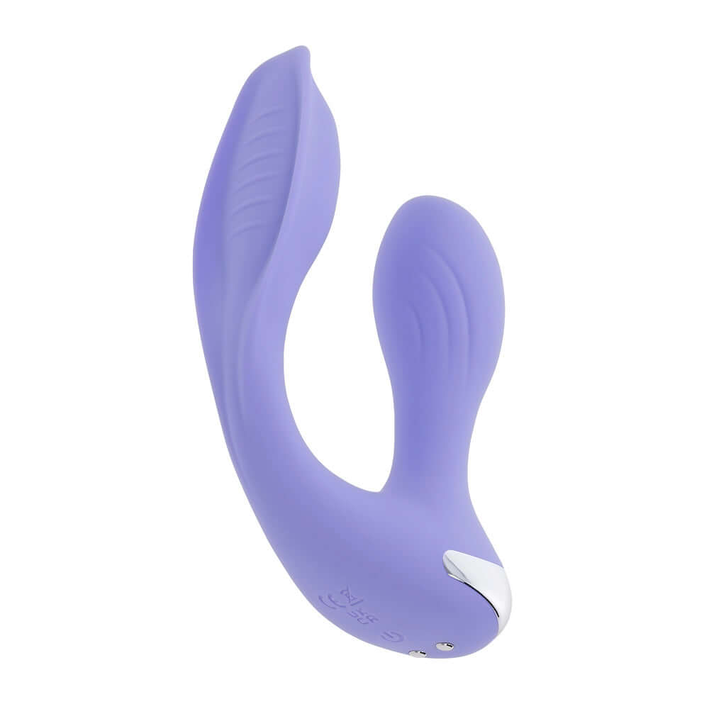 Lilac rabbit vibrator with dual shafts and textured design for internal and external stimulation, showing its flexible and ergonomic shape.