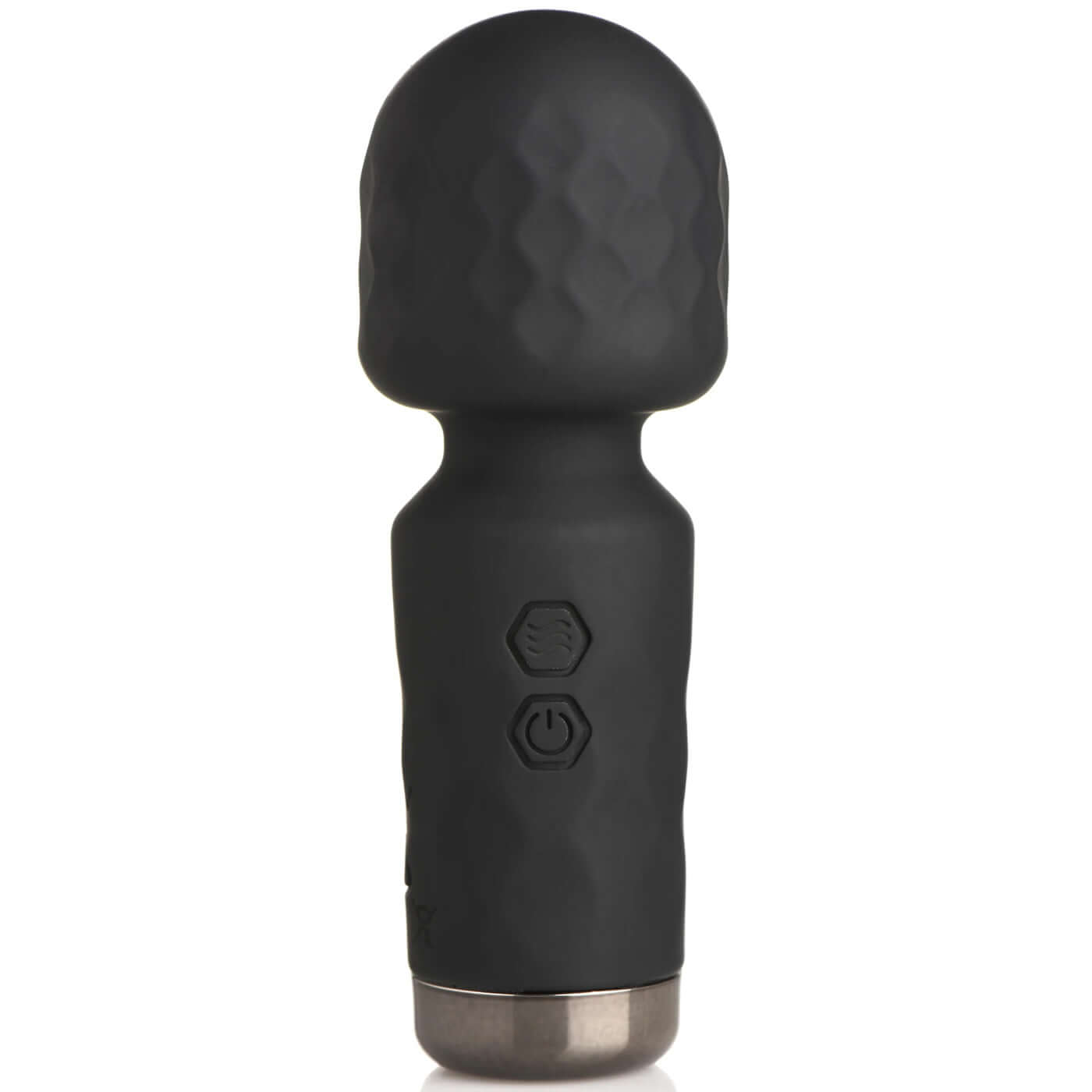 10x Mini Silicone Wand in Black with textured body and control buttons, perfect for discreet travelers and couples seeking extra stimulation.