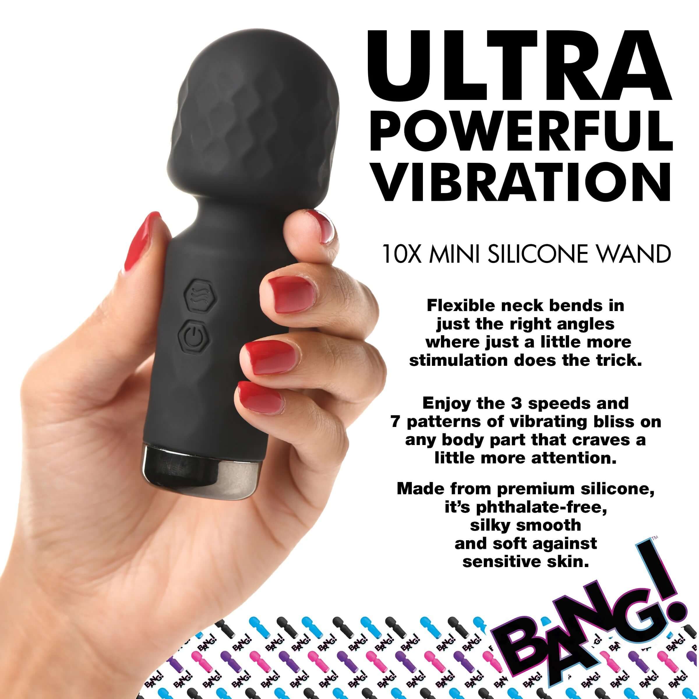 10x Mini Silicone Wand in Black held in hand, featuring flexible neck, 3 speeds, 7 patterns, made from premium phthalate-free silicone.