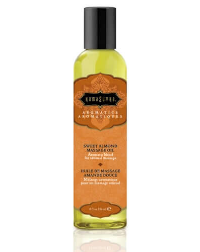 Kama Sutra Aromatic Massage Oil Sweet Almond 8 Oz in a clear bottle with an attractive label.
