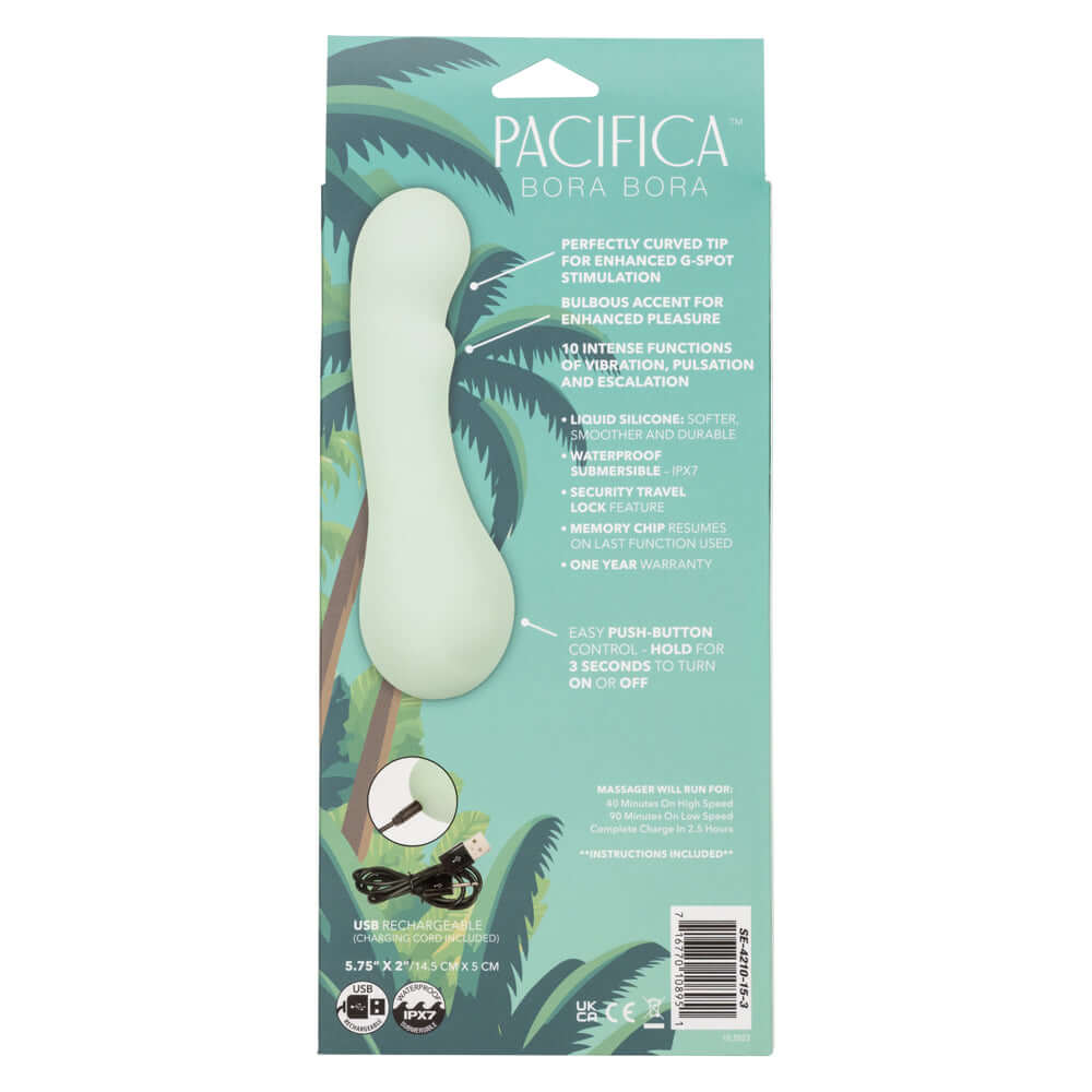 Pacifica Bora Bora Green intimate accessory packaging with 10 vibration functions and G-spot stimulation features