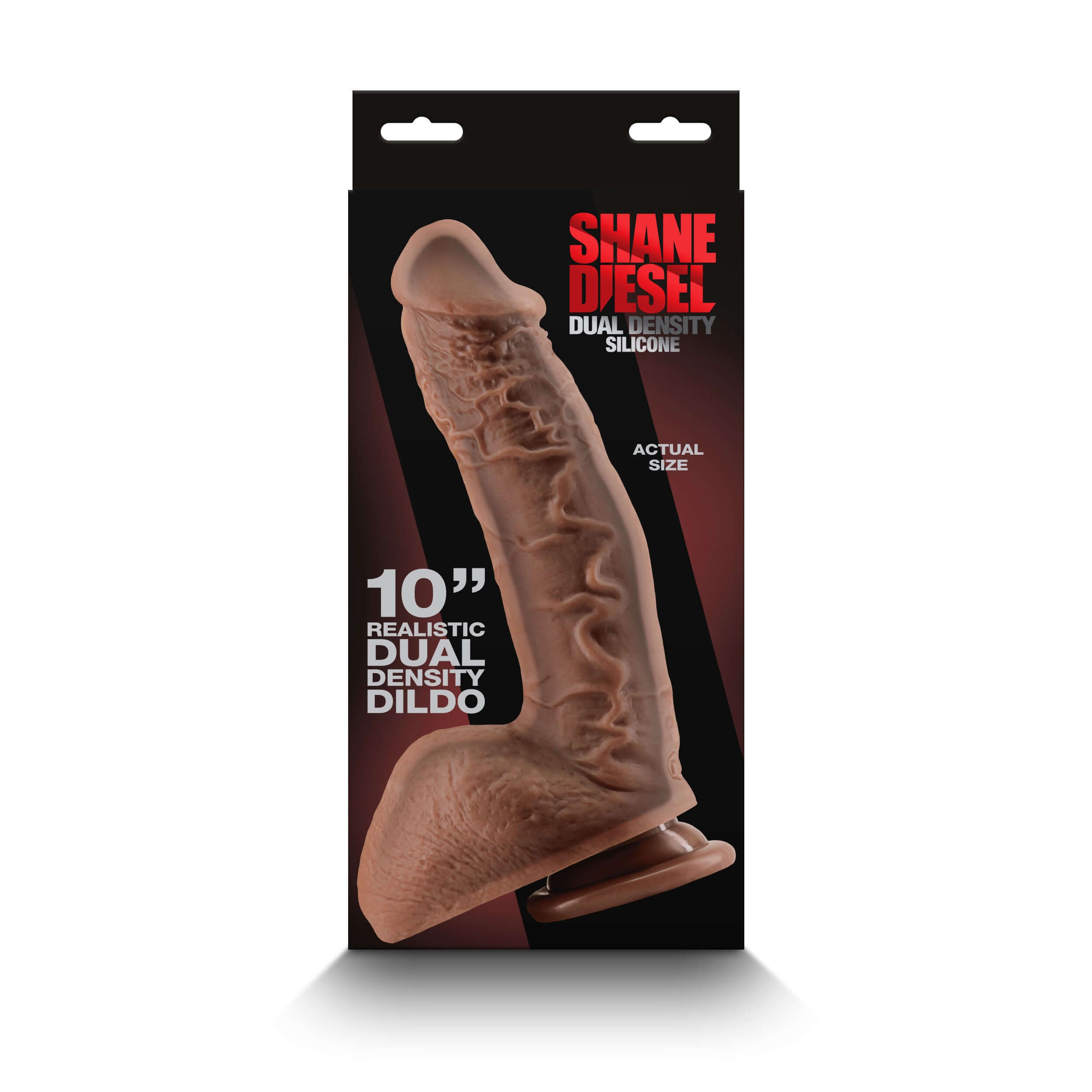 Shane Diesel 10" Dual Density Dildo in packaging with realistic design and suction cup base. Brown color. Suitable with all lubricants.