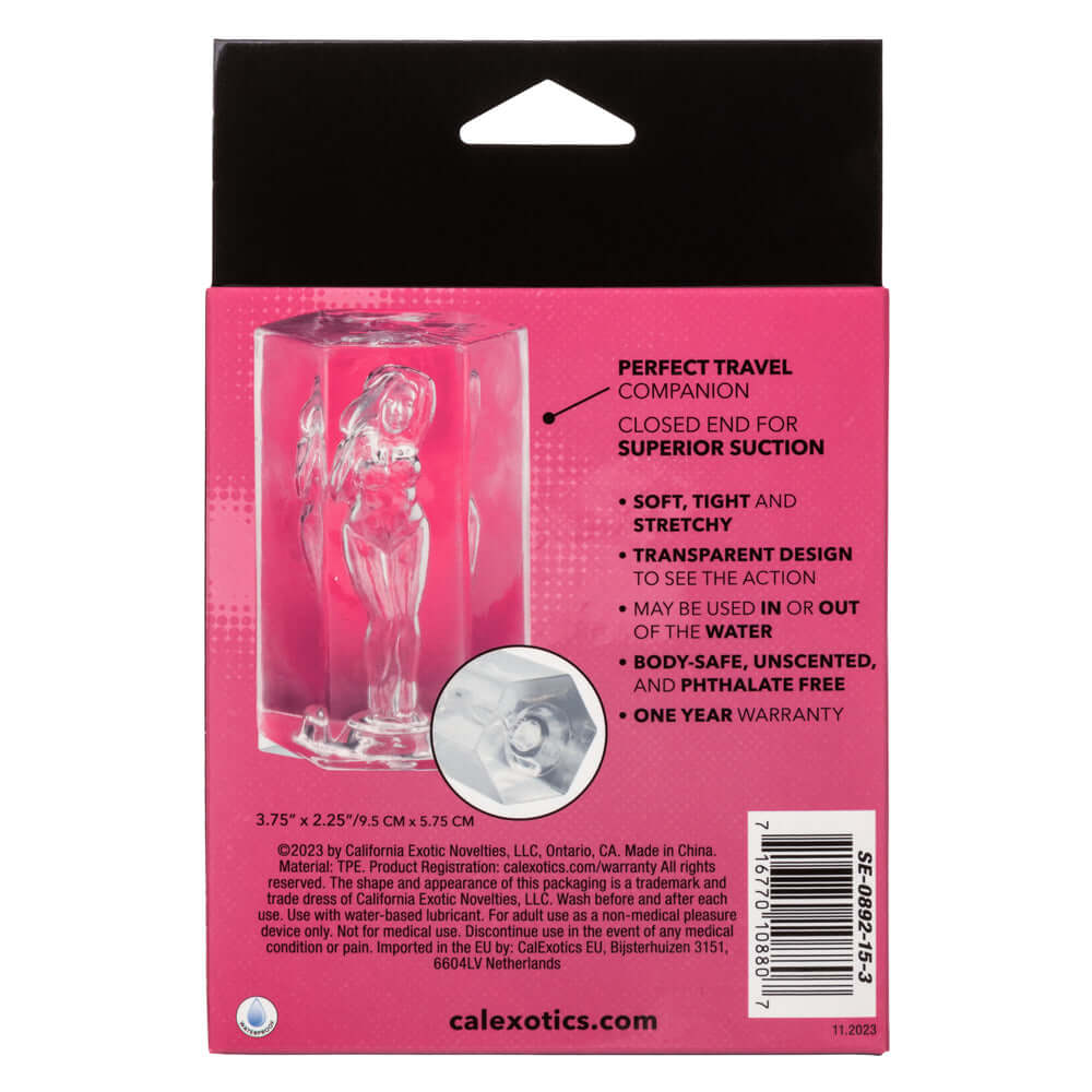 Packaging of Girls Girls Girls Olivia Masturbator highlighting features such as soft, tight, stretchy, transparent design, and travel companion.