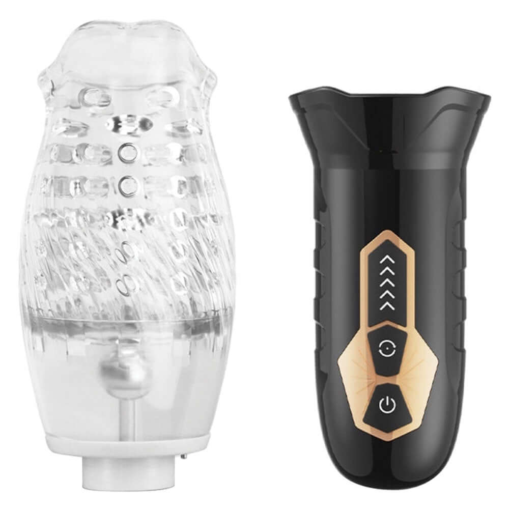 The Male Rose Oral Sex Masturbator featuring a transparent textured sleeve and ergonomic control body for enhanced pleasure.
