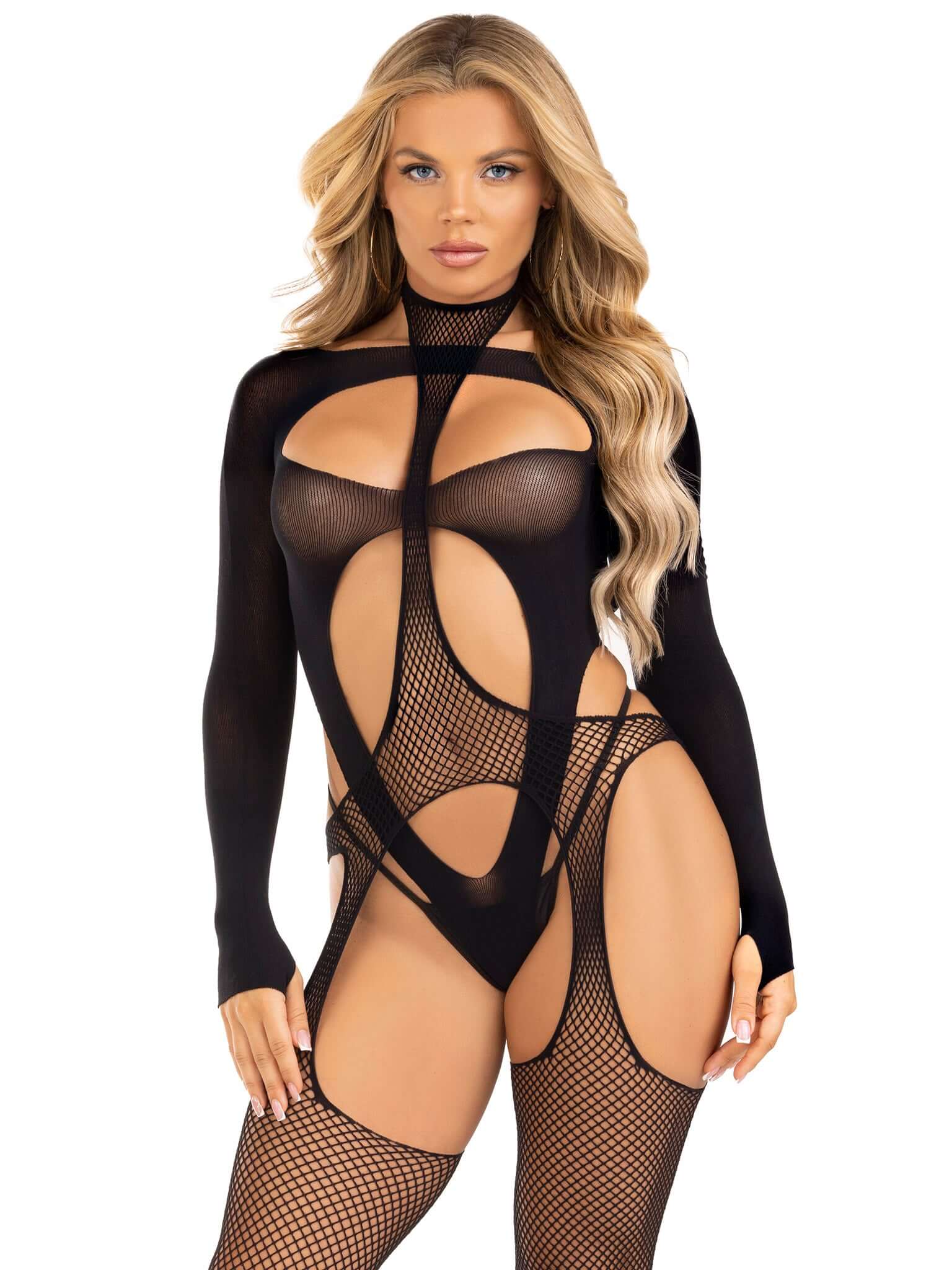 Black 2 Pc Fishnet Halter Suspender Bodystocking showcasing unique cutouts and form-fitting design, ideal for bold fashion statements.
