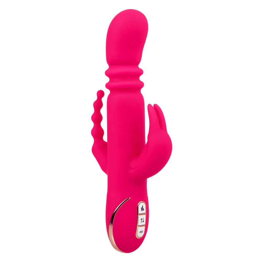 Jack Rabbit Signature Heated Silicone Triple Fantasy Rabbit in pink with control buttons and dual stimulating arms