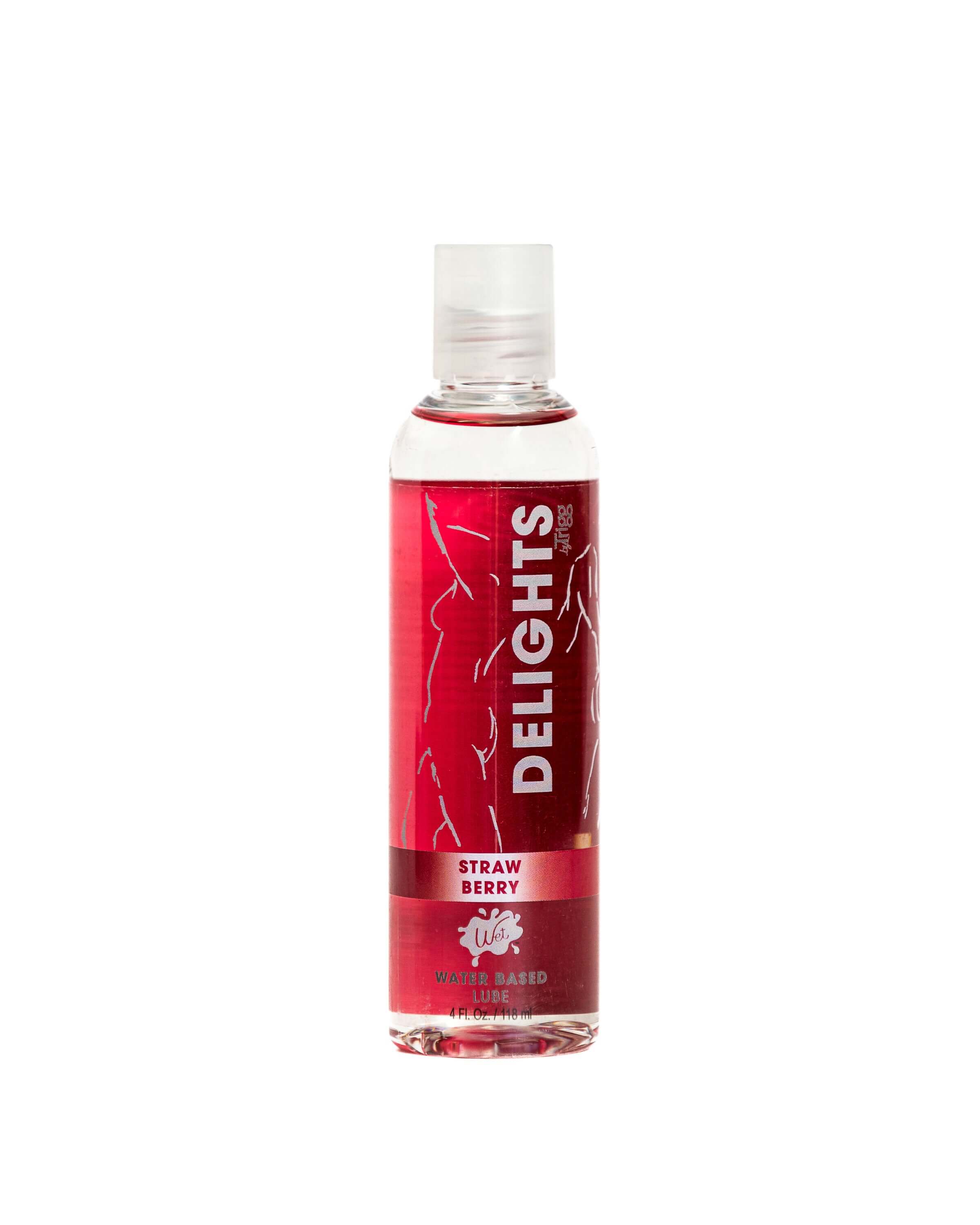 Wet Delights Water Based Strawberry Flavored Lube 4 Oz bottle with a vibrant red label and clear liquid.
