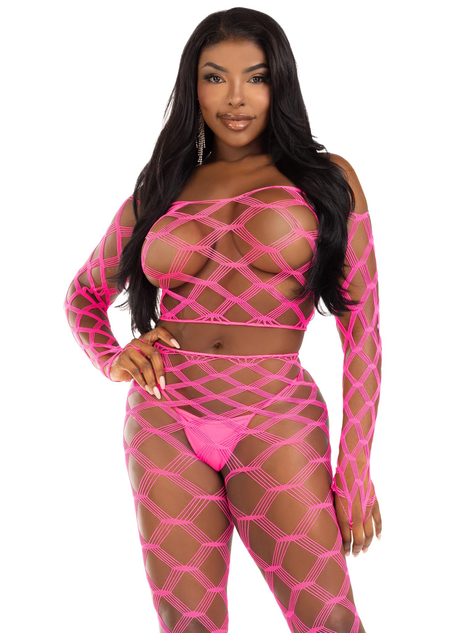 2 Pc Net Crop Top and Footless Tights - One Size - Neon Pink-1