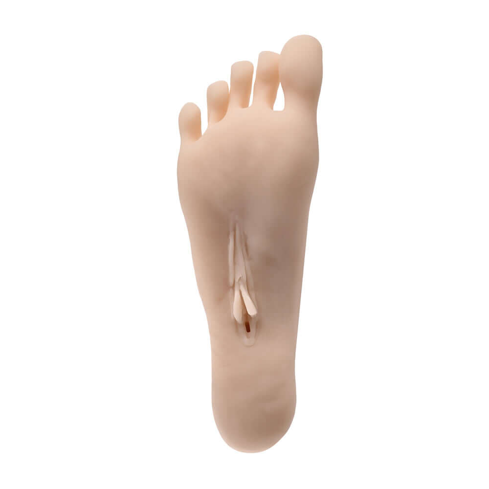 Realistic foot-shaped stroker toy with lifelike toes, smooth heel, curved arch, and a unique surprise for foot fetish pleasure.
