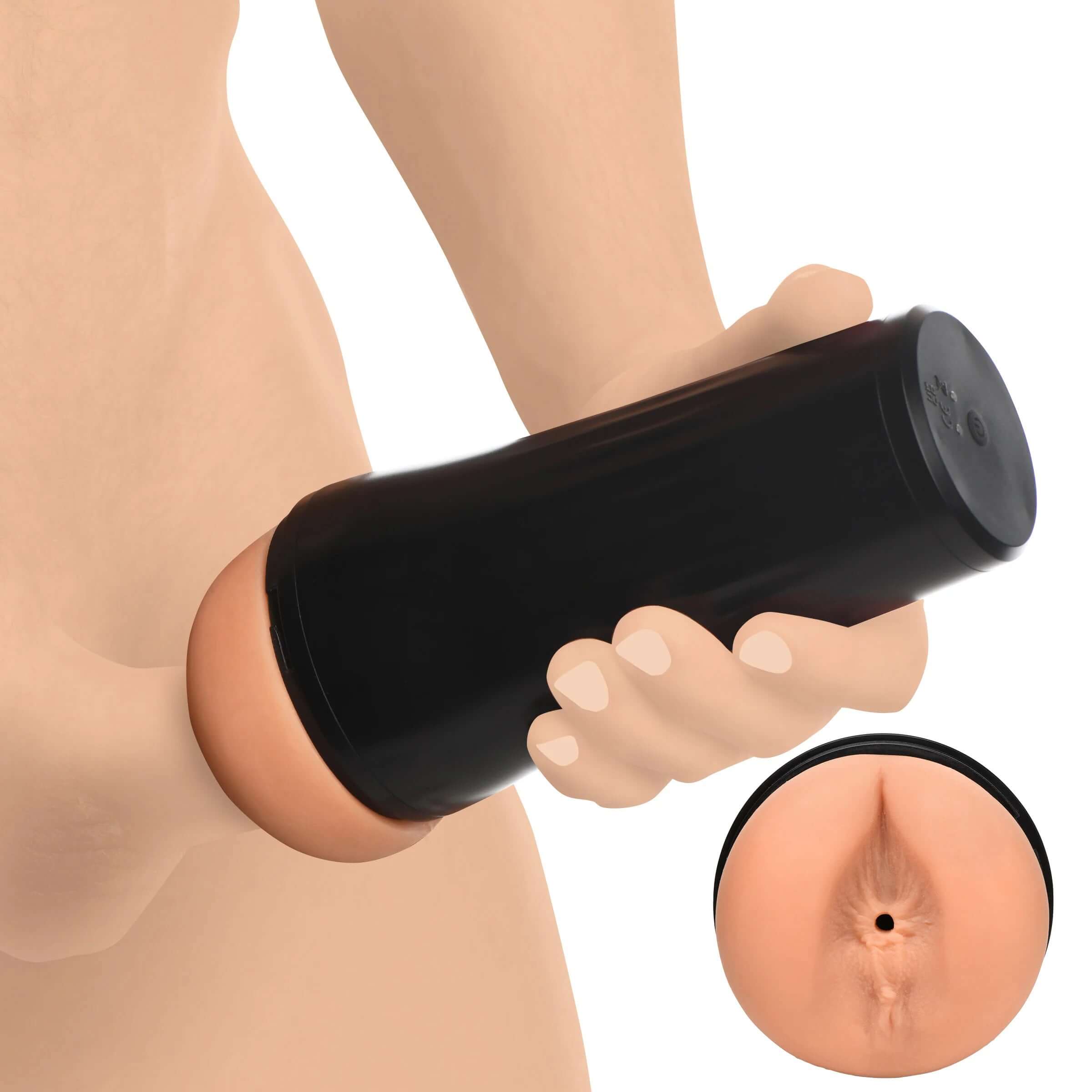Person holding Mistress Vibrating Ass Masturbator with realistic design and black casing.