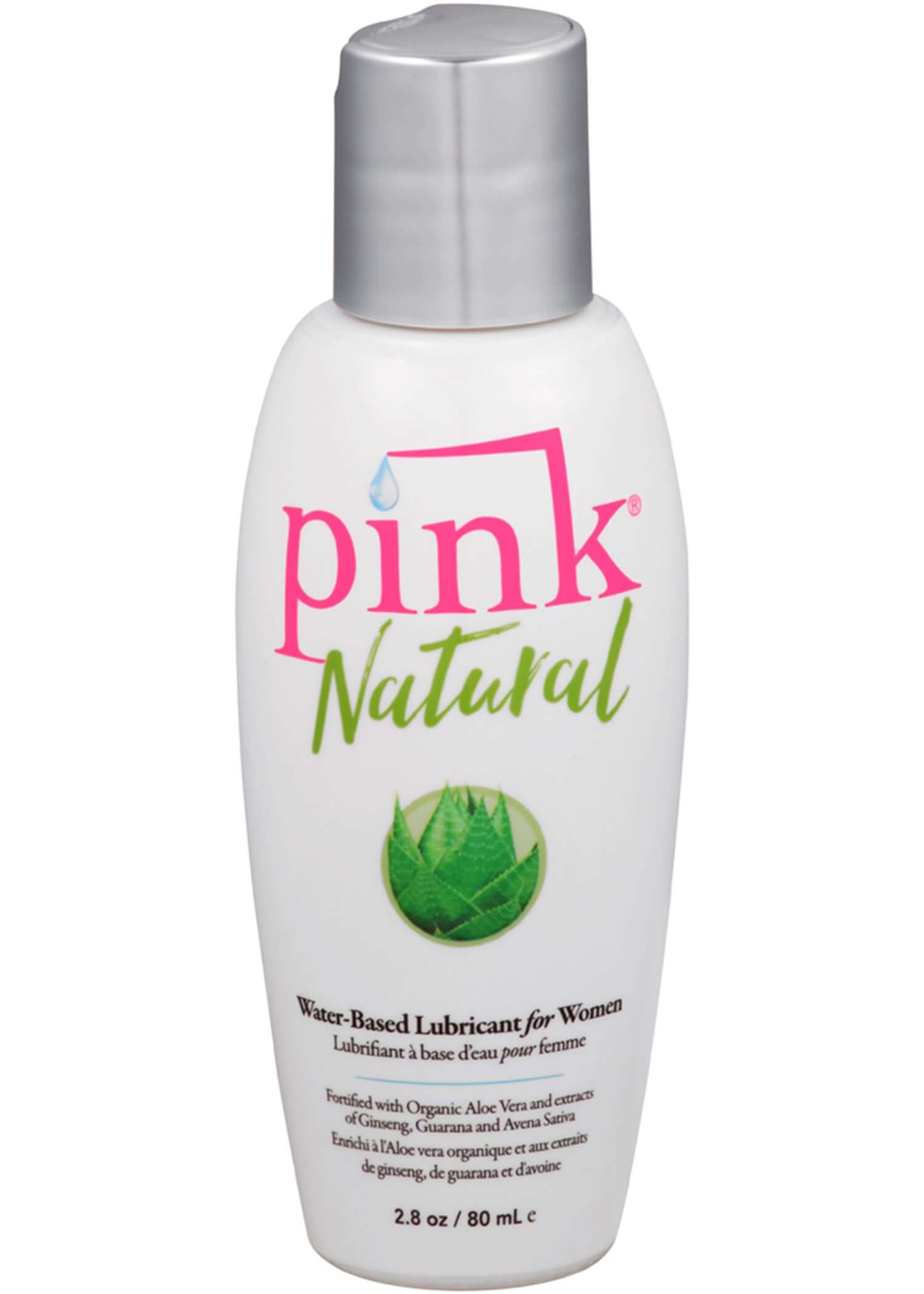 Pink Natural Water-based Lubricant for Women 2.8 Oz bottle with aloe vera and natural ingredients.
