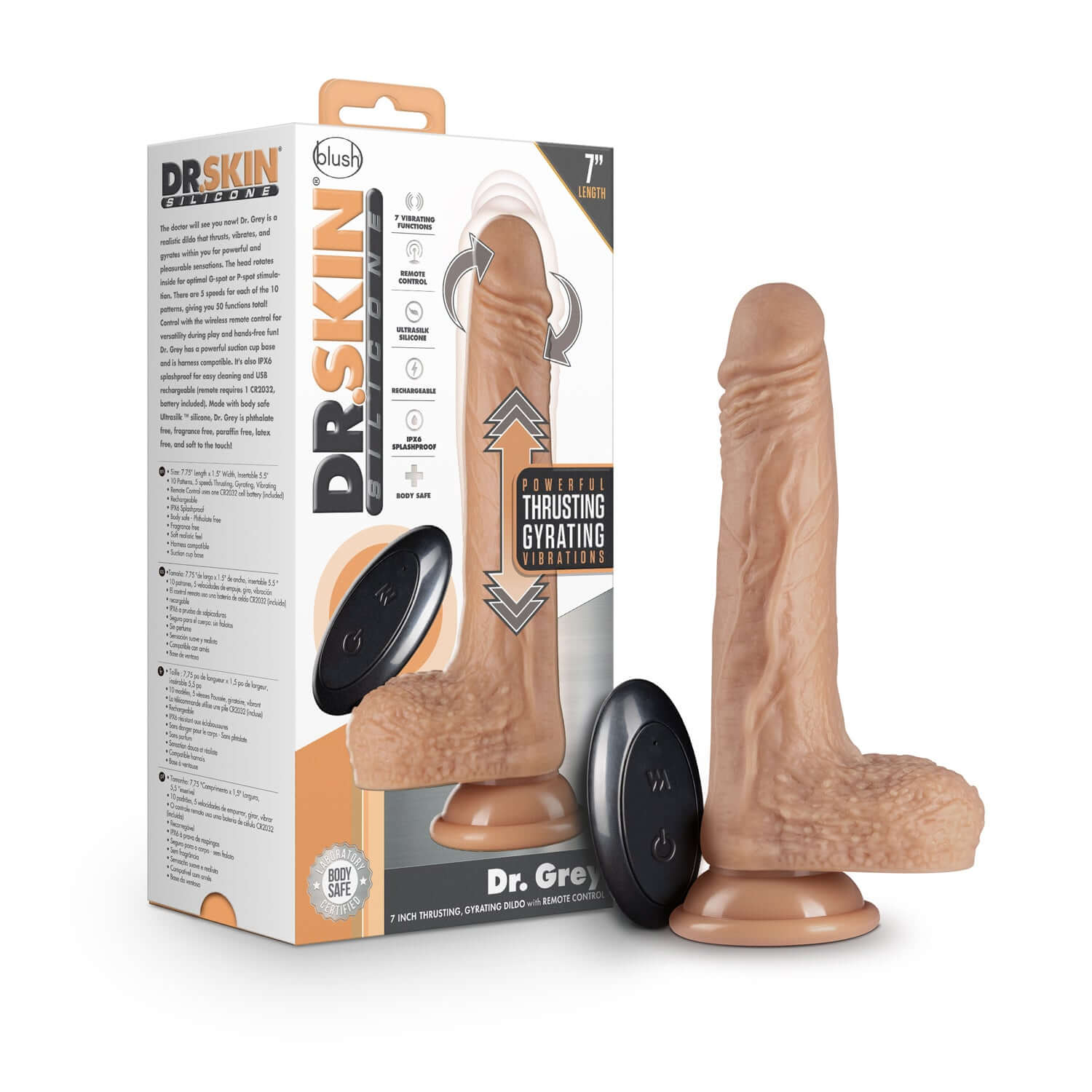 Dr. Grey 7 inch thrusting dildo with wireless remote control in vanilla color by Dr. Skin silicone packaging
