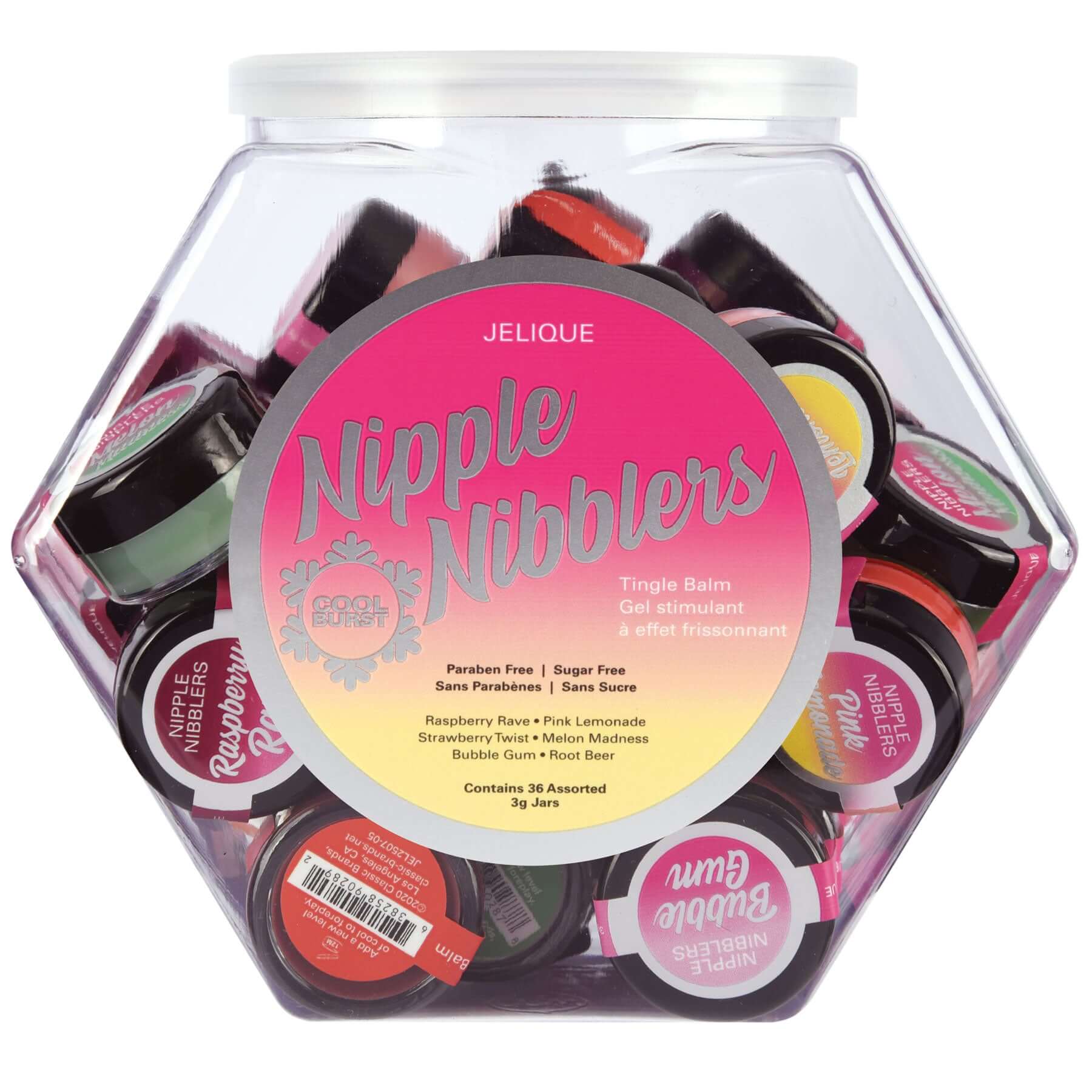 Nipple Nibblers Tingle Balm 36 Pc. Bowl with Assorted 3gm Jars in various flavors including Raspberry, Lemonade, Strawberry, and more