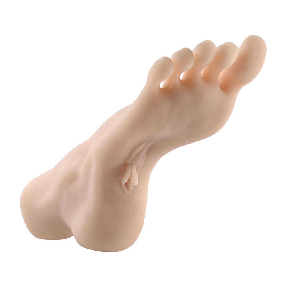 Realistic foot stroker toy with life-like toes and a curved arch for foot fetish pleasure, made from phthalate and latex-free TPE.