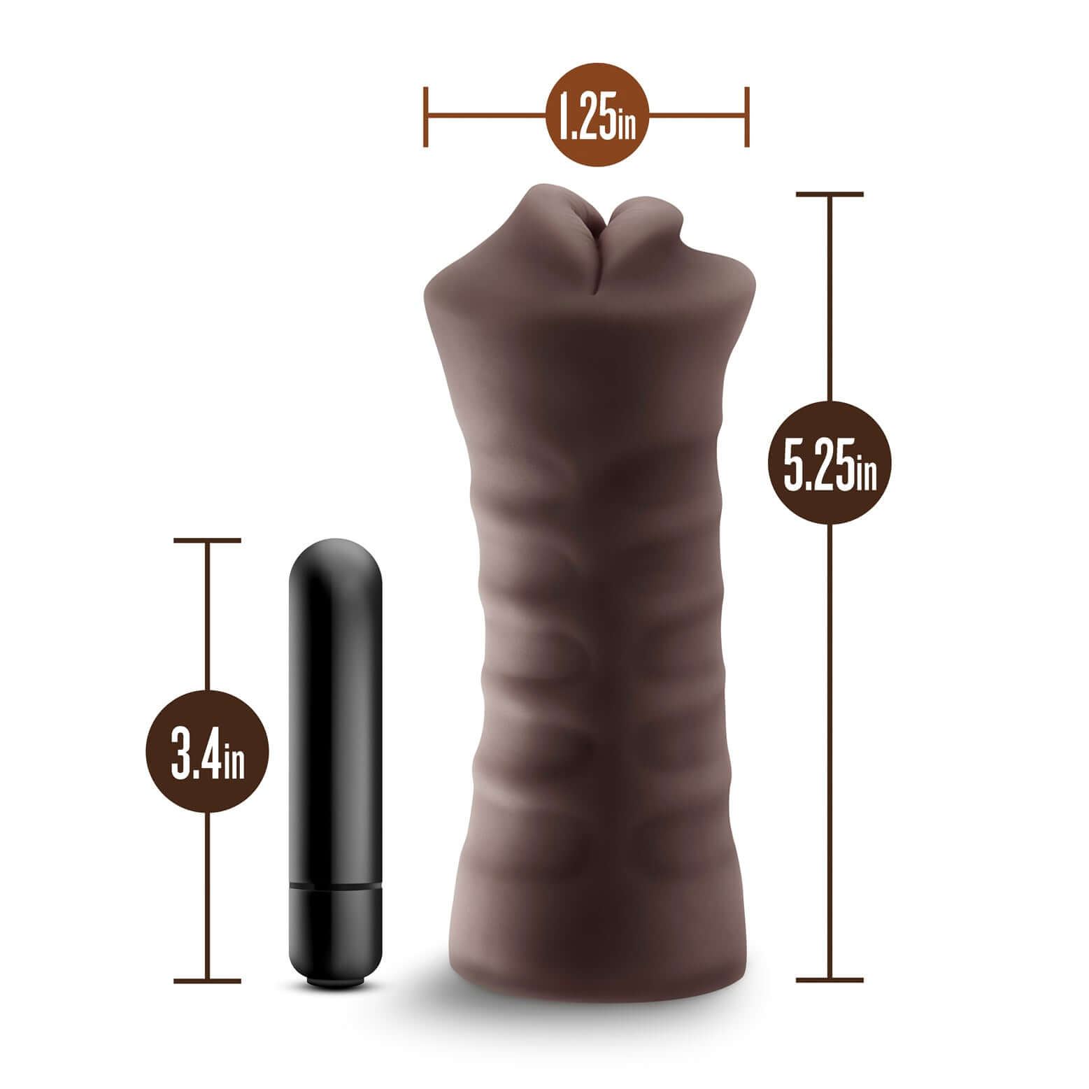 Enlust Krystal vibrating stroker in brown with dimensions of 5.25in height and 1.25in width next to a 3.4in bullet vibrator.