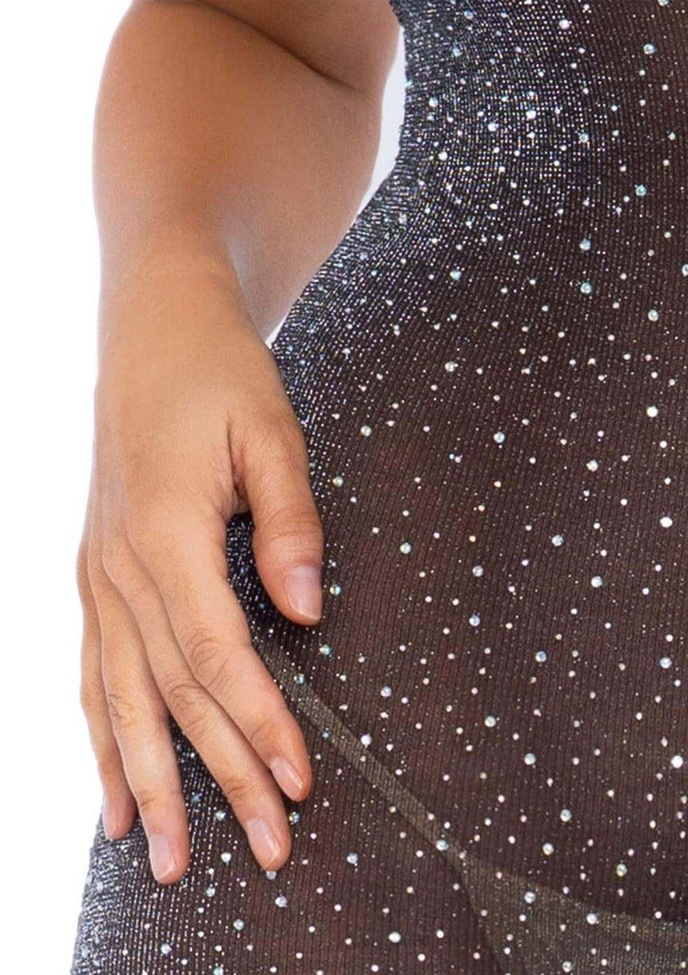 Close-up of Leg Avenue black sheer tube dress with silver lurex and rhinestones, showing shimmering details and curve-hugging fabric.