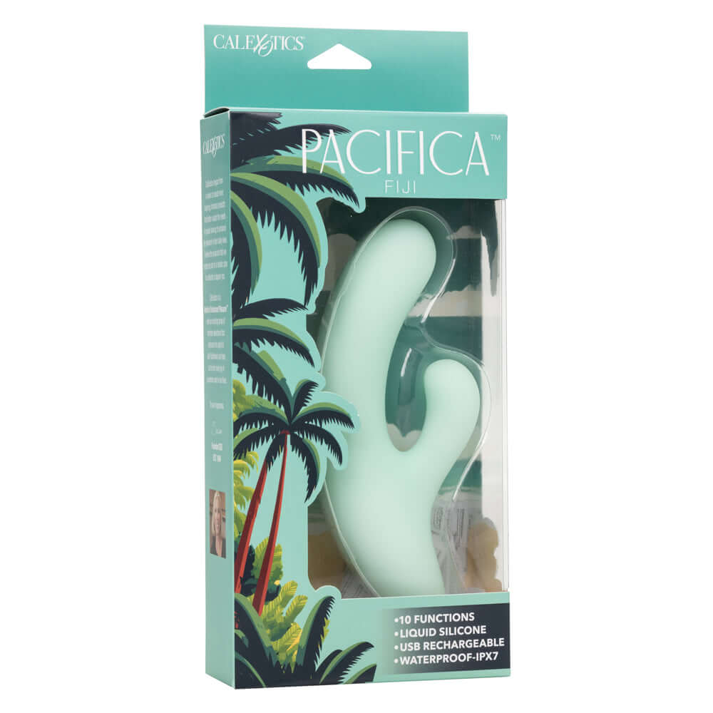 Pacifica Fiji Green dual stimulator adult toy in packaging with palm tree design