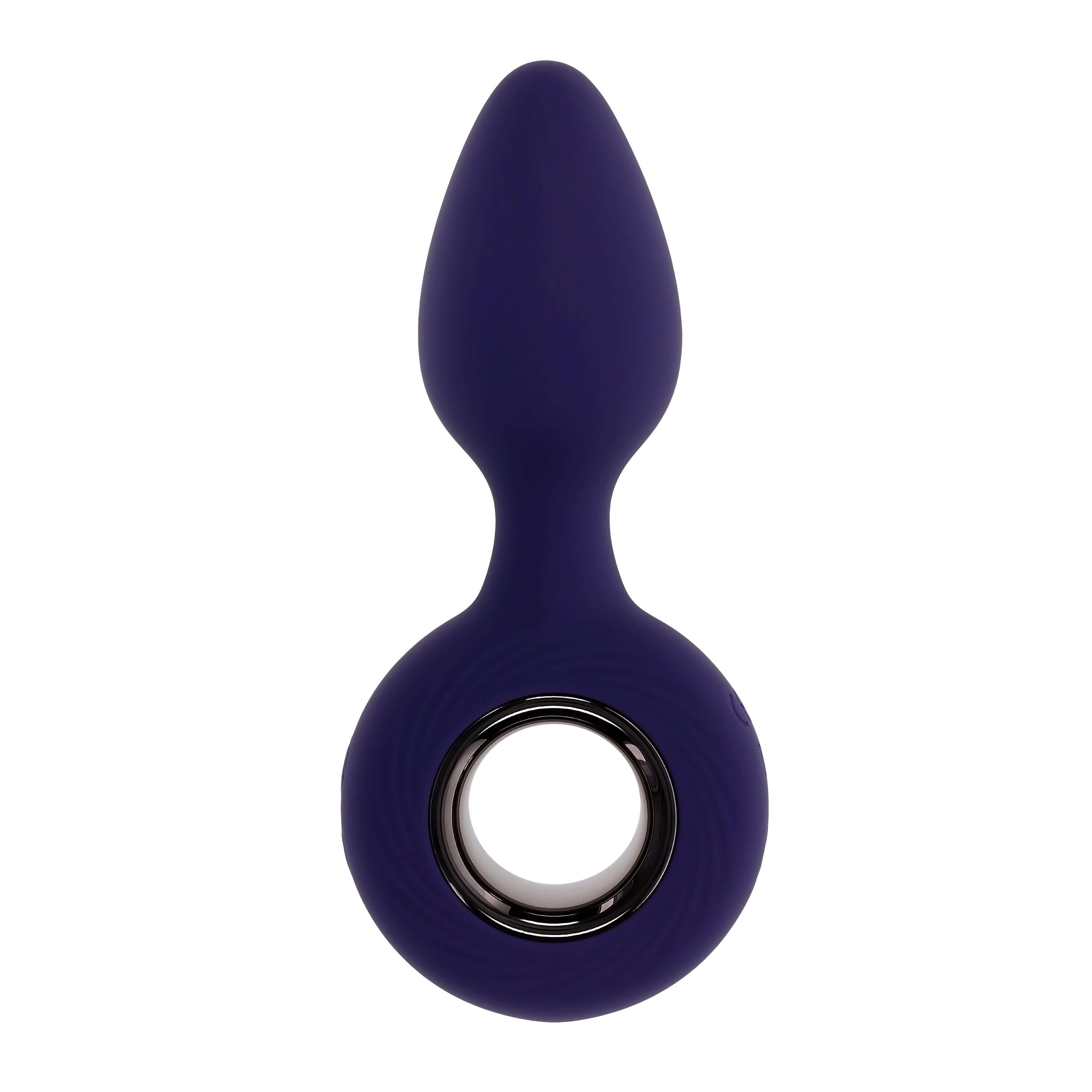 Blue vibrating anal plug with ringed handle and tapered tip for easy entry and safety base handle.