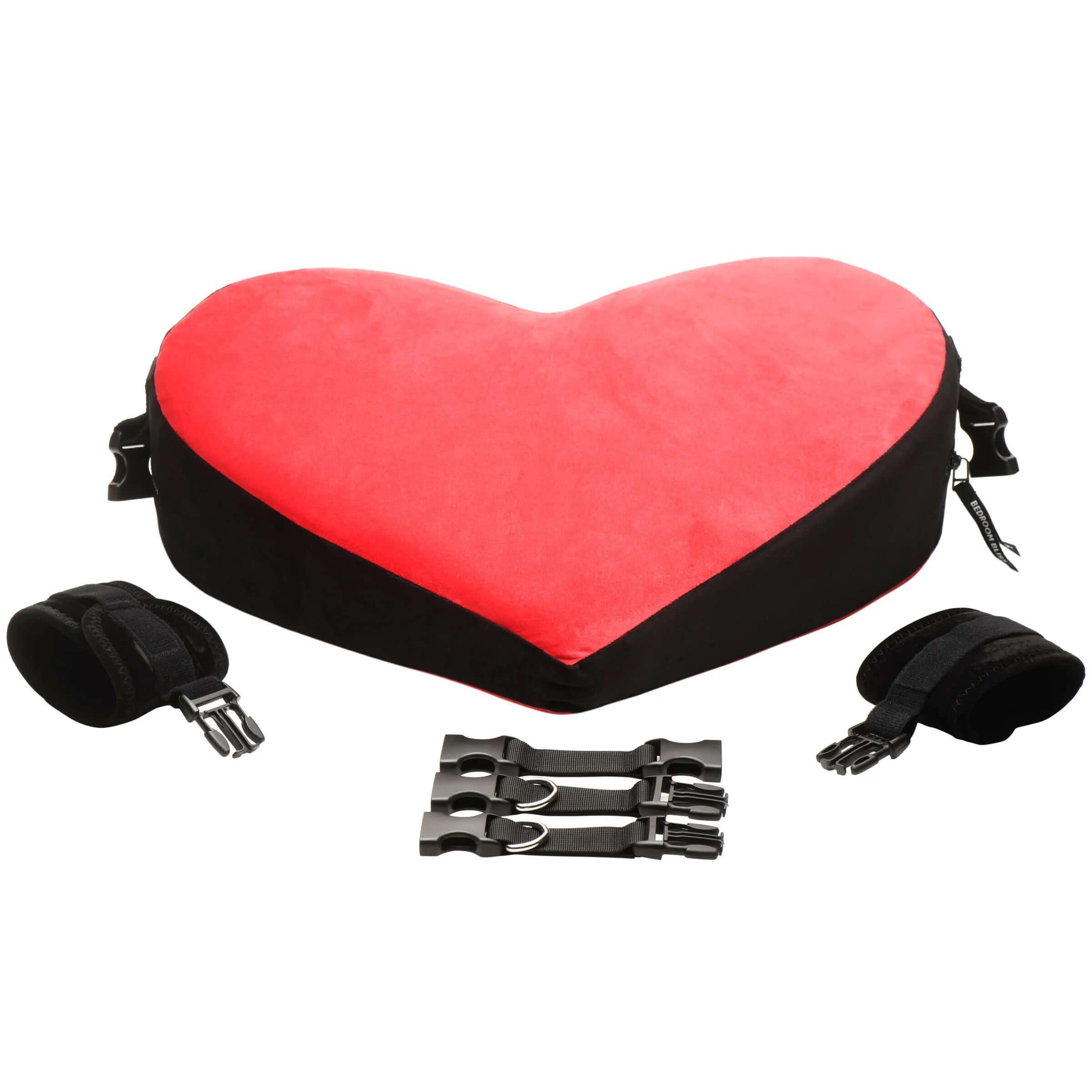 Bondage Love Pillow - Black/Red heart-shaped pillow with soft cover and included straps for enhanced support and flexibility in play.
