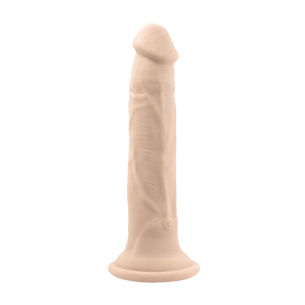 Light vibrating thruster with realistic vein textures, phthalate and latex free silicone, remote control, and powerful suction cup base