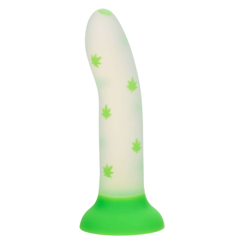 Glow Stick Leaf Dildo in green Satin Finish Silicone with glow-in-the-dark leaf pattern, playful and fun intimate toy on white background.